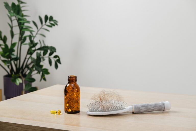 Pot de capsule avec de la biotine et une peigne sur la table